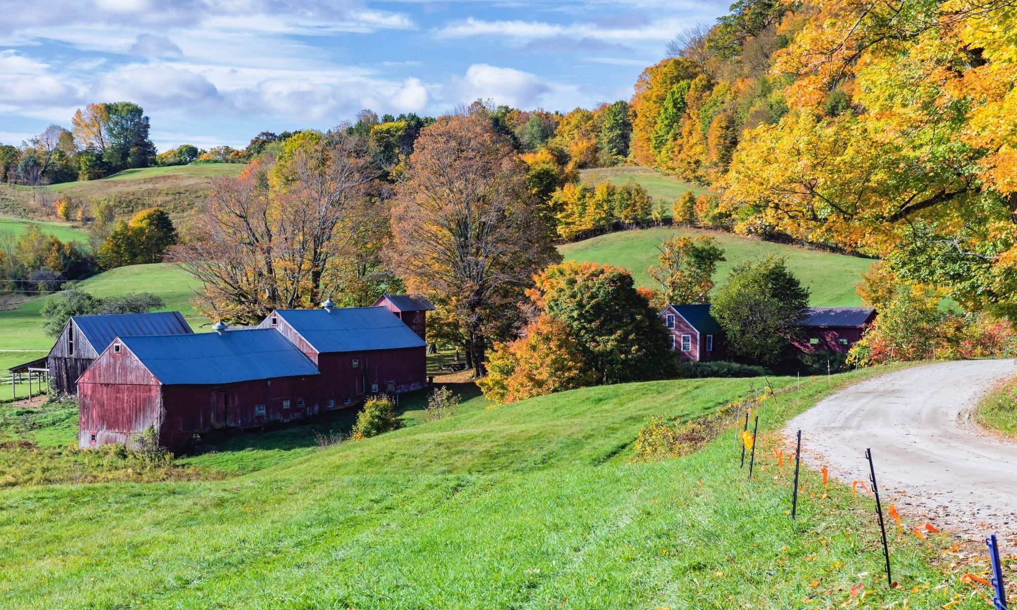 barn house with blue roof on a side of a rough road